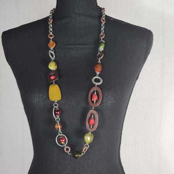 Chico's Vtg Red Green Earth Tone Mix Media Wood Metal Circle Square 38" Necklace - Picture 1 of 16